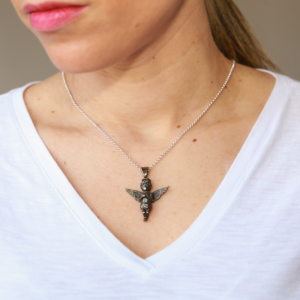 Pendente Angel 3D  Black Rhodium Prata 925 com Diamantes Negros nos Olhos